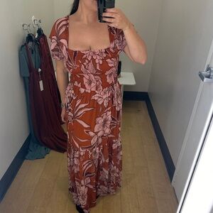 Patrons of Peace Floral Smocked Short Sleeve Brown/Pink Maxi Dress (Large)